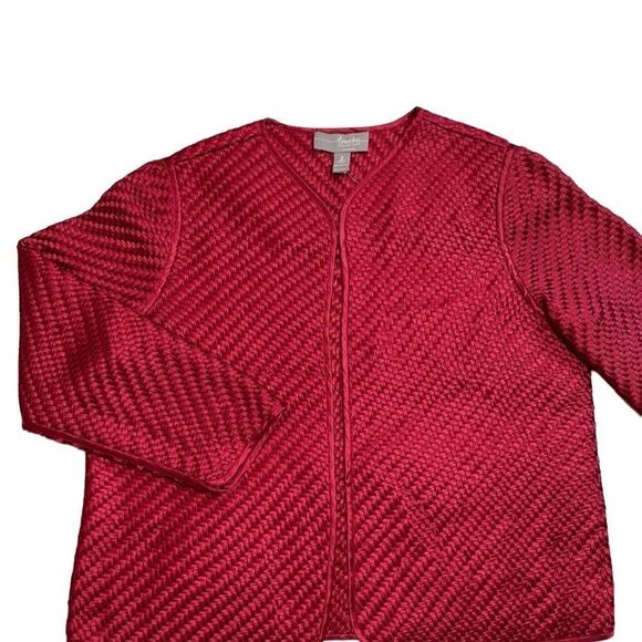 Chico’s Red Satin Travelers Open Front Basket Weave Boxy Jacket Topper 1 M - Picture 4 of 12